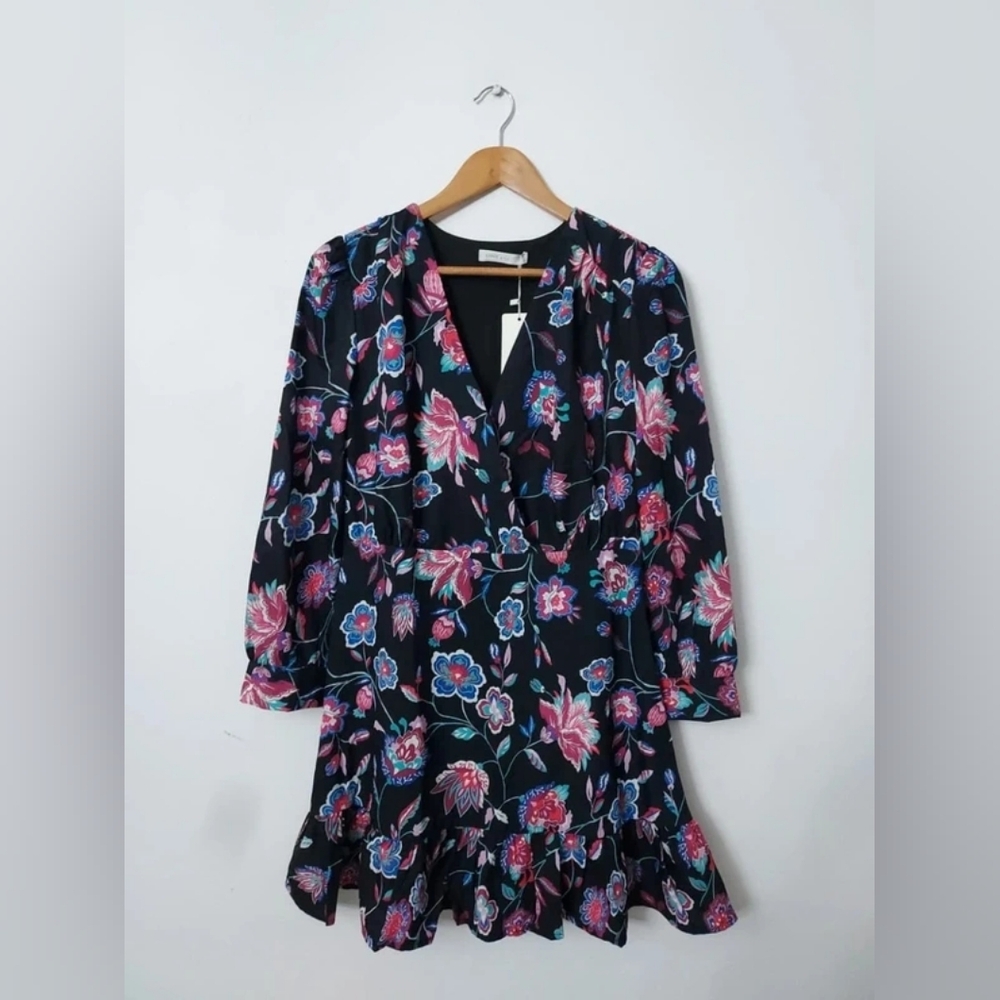 Black Floral Wrap Dress with Pink & Blue Flowers